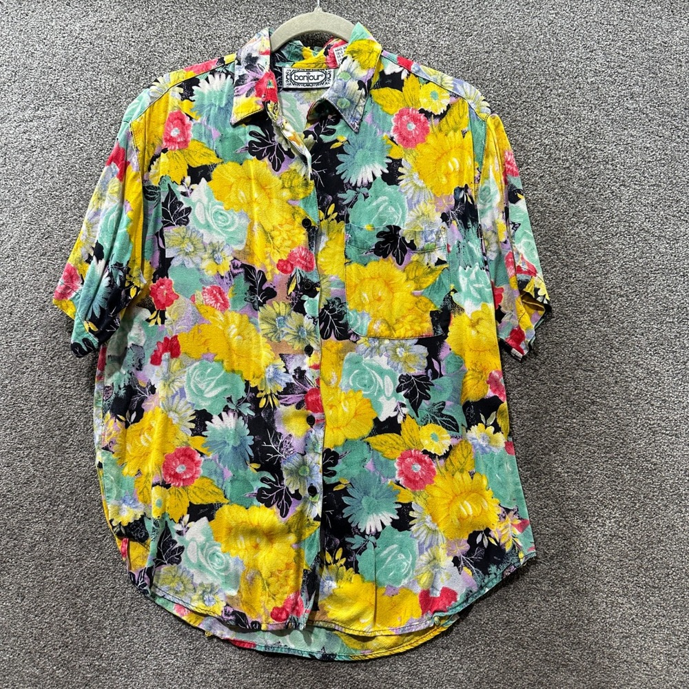 VTG 90s Bonjour Bright Floral Rayon Short Sleeve Button Up Shirt Men Medium
